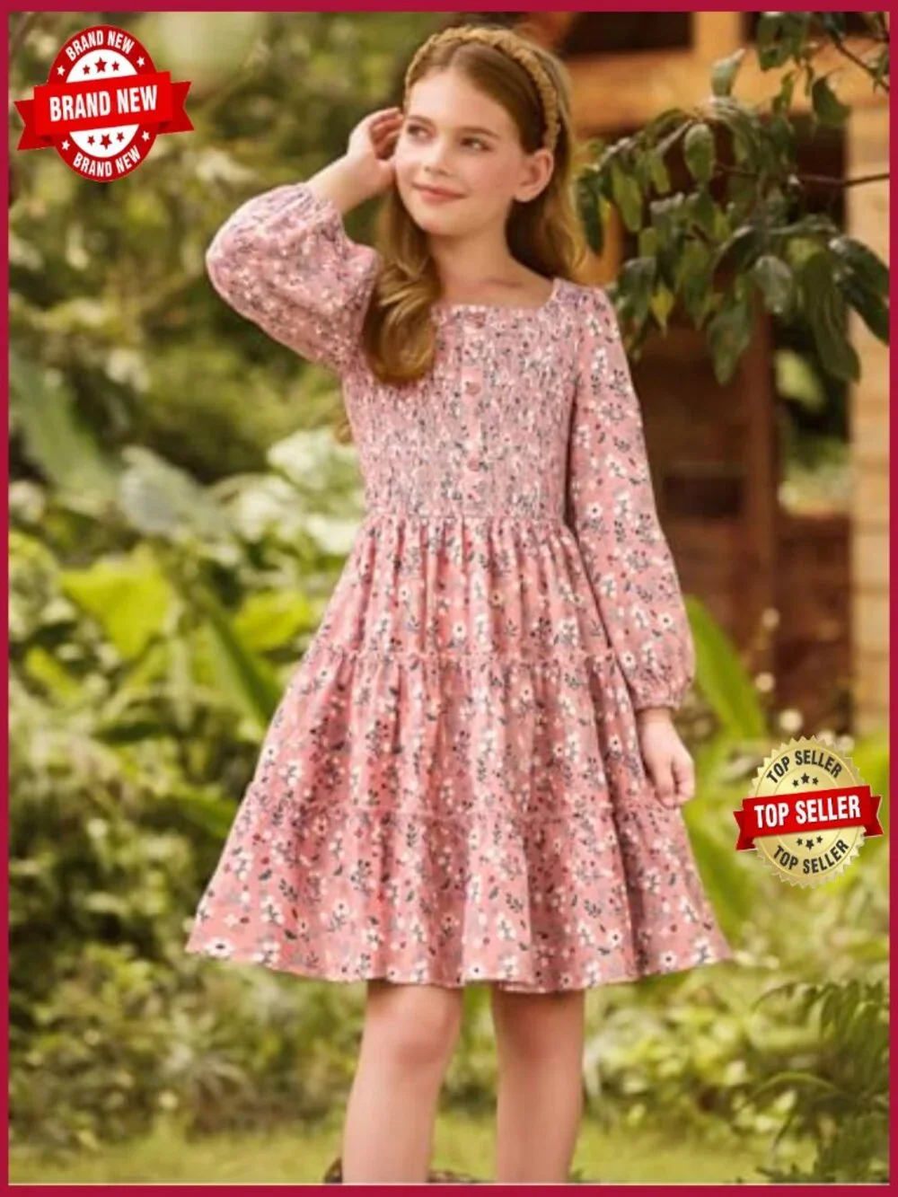 Girls Long Sleeve Square Neck Smocked Tiered A-Line Casual Dress Size 5-14 Fall
